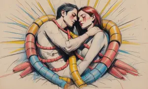 Pareja abrazada, envuelta en un corazón de tubos y cuerdas rojas, sugiriendo un amor obsesivo.