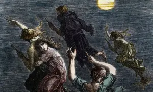 Hexen im Mittelalter fliegen auf Besen durch die Nacht. Der Mond leuchtet, während sie ihre Zauberstäbe schwingen.