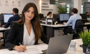 Donna al lavoro in ufficio, concentrata sui fogli di calcolo e sul laptop. Gestisce le buste paga, un aspetto cruciale delle risorse umane stipendio.