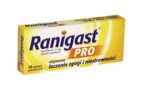 Ranigast PRO na zgagę i niestrawność. Opakowanie 10 tabletek powlekanych z ranitydyną 75 mg.