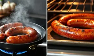 Saucisses andouillettes grésillant dans une poêle et au four, dégageant une vapeur appétissante.