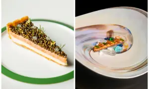 Pastel de salmón con caviar y láminas de oro, digno de una estrella Michelin. Otro plato con un toque artístico y piedras de colores.
