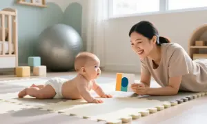 Uśmiechnięta mama pokazuje dziecku kolorowe karty, kiedy dziecko trzyma główkę na macie.