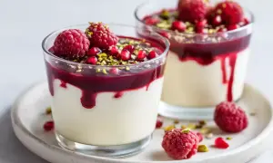 Två glas med krämig dessert, toppad med hallon, granatäpple och pistagenötter. Perfekt dessert nyårsafton!