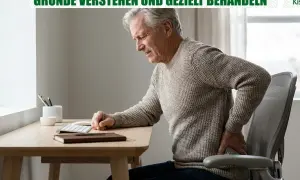 Älterer Mann mit schmerzen beim sitzen am Schreibtisch, hält sich den Rücken.