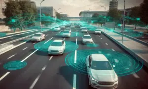 Coches blancos circulan por una autopista, conectados por redes de datos que representan sistemas ADA.