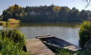 Łowisko agroturystyczne z łódką przy pomoście. Stawy otoczone lasem, jesienne barwy drzew.
