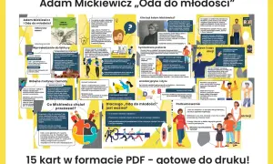 Ilustracja z cytatem Adama Mickiewicza "Oda do młodości", z elementami graficznymi i tekstem.