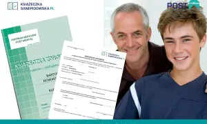 Uśmiechnięty ojciec i syn pozują z książeczką sanepidowską. Dokument jest ważny dla zdrowia i bezpieczeństwa.