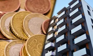 Euro monety i nowoczesny blok mieszkalny. Wpływ stóp procentowych, jak euribor 3m, na rynek nieruchomości.