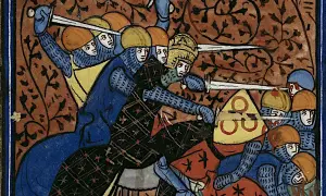 Rycerze w zbrojach walczą mieczami. Tak każe obyczaj, by bronić honoru i ziemi.