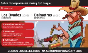 Kowboj z cygarem prezentuje zestaw Los Ovados i Delmetros 100SC, skuteczne rozwiązanie przeciw szkodnikom.