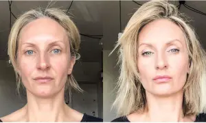 Porównanie twarzy 40-latki przed i po makijażu. Po prawej stronie widać, jak powinna wyglądać twarz 40-latki z subtelnym podkreśleniem urody.