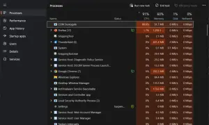 COM Surrogate zużywa 88.6% CPU. W Menedżerze zadań widać proces COM Surrogate z wysokim obciążeniem procesora.