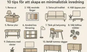 Illustrationer visar 10 tips för ett minimalistiskt hem: rensa ut, välj neutrala färger, satsa på kvalitet, håll öppna ytor, använd bra förvaring, tänk på belysning, välj tidlösa möbler, dekorera med växter och behåll tomma väggar.