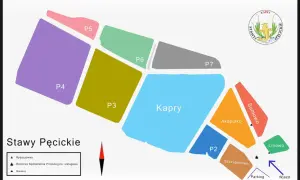 Mapa Stawy Pęcickie z podziałem na łowiska: Kapry, P2, P3, P4, P5, P6, P7, Akapulko, Sumowo, Linowo, Szczupakowo. Wjazd i parking.