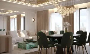 Elegancki salon z jadalnią. Złoty, ozdobny sufit napinany w jadalni, który może mieć wady, ale wygląda efektownie.