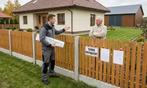 Młody mężczyzna z planami w ręku tłumaczy starszemu panu, że sąsiad przejeżdża przez moją działkę. Tabliczka "Teren prywatny" i dokumenty na płocie.