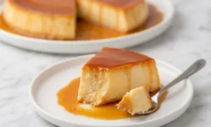 Delizioso latte alla portoghese con caramello dorato, servito su un piatto bianco. Una fetta è già stata assaggiata con una forchetta.