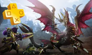 Gry co miesiąc PS Plus: bohaterowie walczą z potężnym smokiem w fantastycznym świecie.
