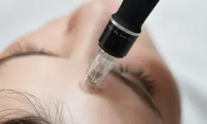 Un stylo de microneedling, utilisé pour un soin avec aiguille, effleure le front d'une personne.