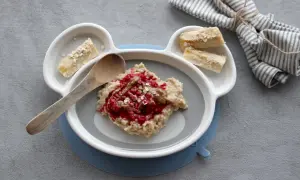 Leckerer Morgenbrei für Babys mit Beeren und Bananenstückchen auf einem Teller in Bärenform.