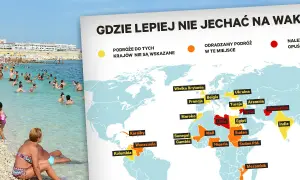 Mapa świata z zaznaczonymi krajami, gdzie lepiej nie jechać na wakacje w lipcu. Na pierwszym planie plaża z ludźmi.