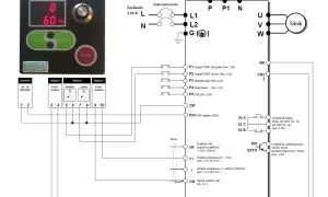 Schemat podłączenia falownika ZAWEX.PL z silnikiem, zasilaniem 230V, wejściami i wyjściami analogowymi oraz cyfrowymi.