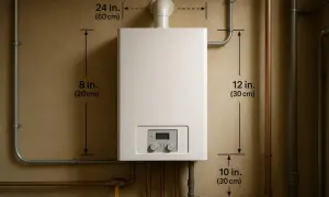 Biały piec gazowy 24kW, z wymiarami, idealny do ogrzewania domu.