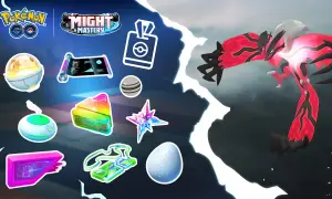 Grafika z gry Pokémon GO, przedstawiająca przedmioty i legendarnego Pokémona Yveltal. To świetny pokemon go poradnik dla graczy.