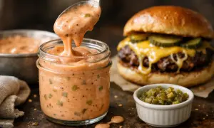 Une cuillère verse une sauce onctueuse, parfaite pour une idée sauce burger. Un burger dégoulinant de fromage et de cornichons est en arrière-plan.