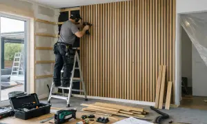 Man på en stege använder en spikpistol för att montera akustikpanel på en vägg. Verktyg och material ligger utspridda på golvet.