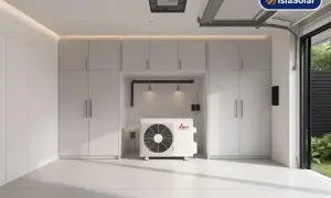 Unidad exterior de aerotermia Mitsubishi, ideal para instalar en garajes o espacios amplios.