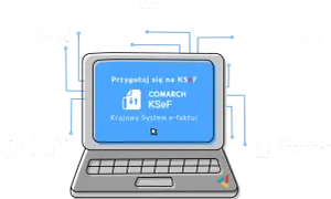 Grafika ilustruje integrację systemów Comarch z Krajowym Systemem e-faktur (KSeF). Widoczny jest laptop z napisem "Przygotuj się na KSeF", połączony z modułami Comarch ERP XL, EDI, BPM, ERP Optima i OCR&KSeF.