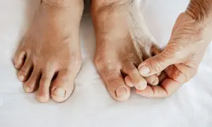 Nahaufnahme von Füßen mit Hammerzehen. Eine Hand berührt sanft die Zehen, die eine gekrümmte Form aufweisen.