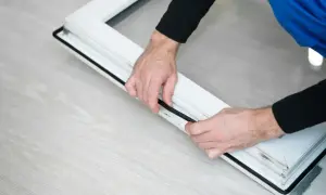 Ręce montują czarną uszczelkę, zapewniając szczelność parapetu wewnętrznego.