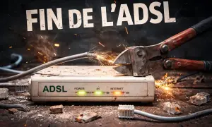 Des grosses pinces coupantes sectionnent un câble ADSL, provoquant des étincelles. Le texte "FIN DE L'ADSL" flotte au-dessus.