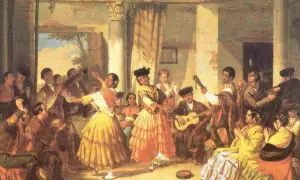 Una escena vibrante de la historia del flamenco: mujeres bailan con faldas voluminosas, hombres tocan guitarra y palmean, mientras el público aplaude.