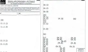 Documento "Carta di Circolazione" con campi codificati (A), (B), (C.2.1), (C.3.1), ecc. e sezioni numerate (1), (2).