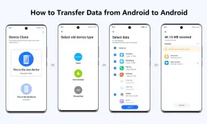 Guía para pasar todo de un móvil a otro Android. Muestra los pasos: seleccionar nuevo dispositivo, tipo de móvil antiguo, datos a transferir y progreso de recepción.