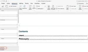 Widok okna programu Word z opcjami tworzenia spisów tabel. Dostępne są różne style spisów, a także opcja "Custom Table of Contents...".
