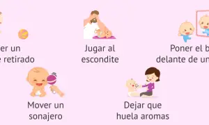Ilustraciones de actividades para la estimulación temprana de bebés: jugar, sonajeros, espejo, aromas.
