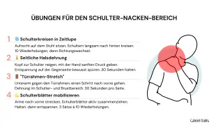 Übungen für den Schulter-Nacken-Bereich, um eine verspannte Schulter zu lösen. Illustration zeigt eine Person mit rotem Kreis um den Nacken.