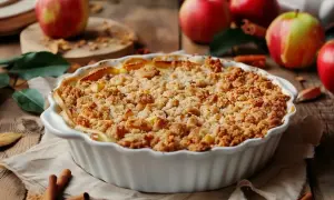 En gyllene smulpaj med äpplen och kanel, perfekt för ett mysigt smulpaj recept.
