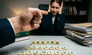 Zrozumienie, czy groźby są karalne, jest kluczowe. Kobieta w biurze zakrywa uszy, gdy mężczyzna wskazuje palcem.