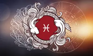 Dwa ryby symbolizujące znak zodiaku Ryby, otoczone ozdobnymi falami i kryształami. W tle widoczny jest okrąg zodiaku.