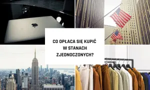 Laptop Apple, flagi USA, drapacze chmur w Nowym Jorku i ubrania na wieszakach.
