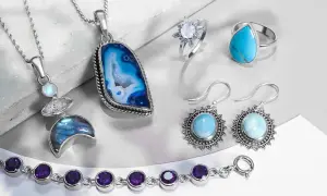 Collar, pendientes, anillos y pulsera con piedras para joyería: ágata azul, turquesa, larimar y amatista.