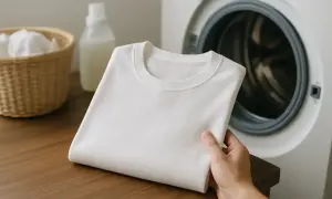 Ein weißes T-Shirt wird neben einer Waschmaschine gehalten. Daneben stehen ein Wäschekorb und Waschmittel. Perfekt, um das T-Shirt einlaufen zu lassen.