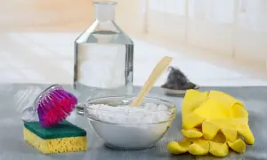 Ecco gli ingredienti per capire come togliere lo sporco dalla pelle: bicarbonato, aceto, spazzola, spugna e guanti gialli.